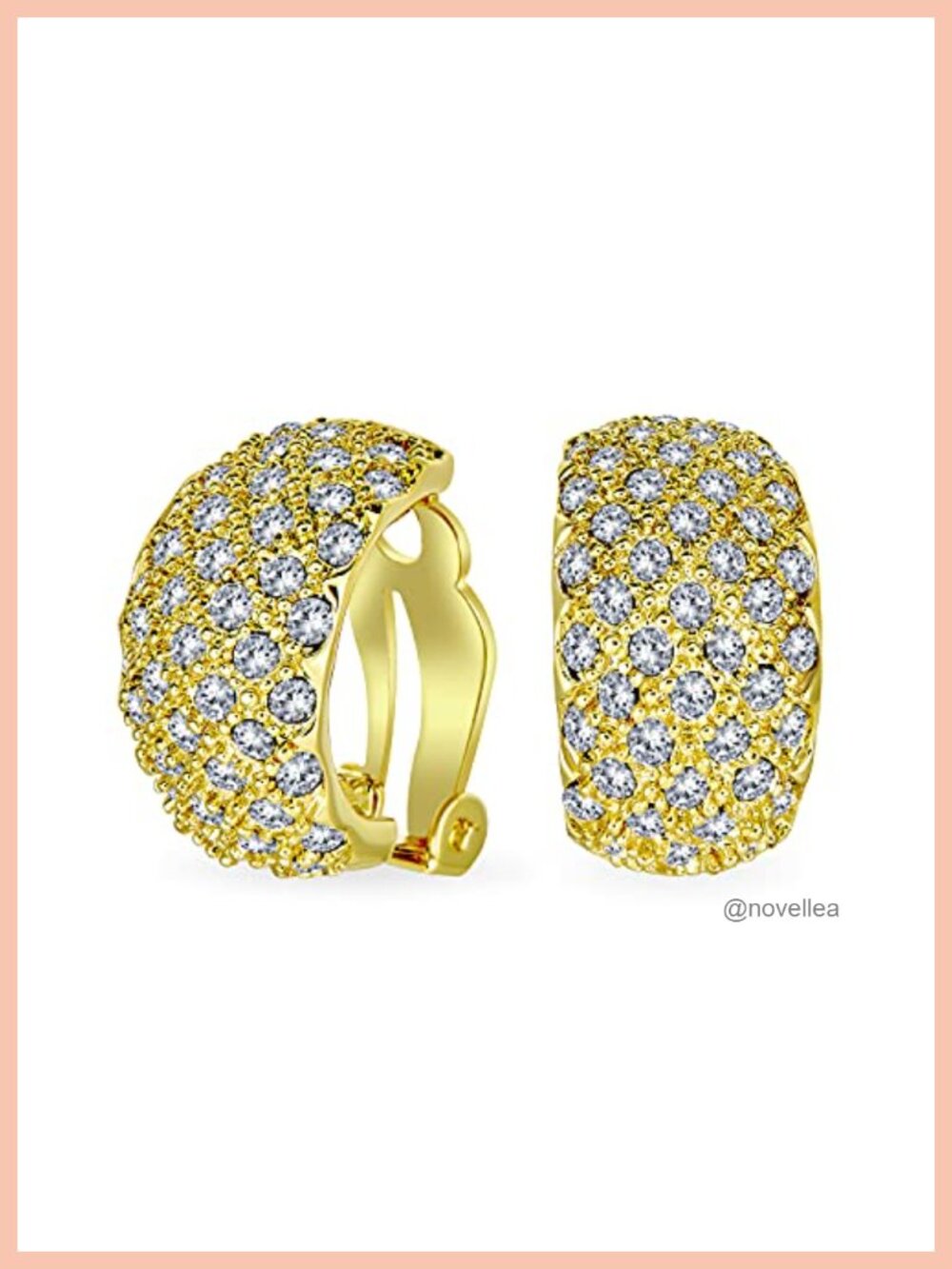 Crystal Pave Half Dome Clip On Earrings Gold Plated Brass Non-Pierced
